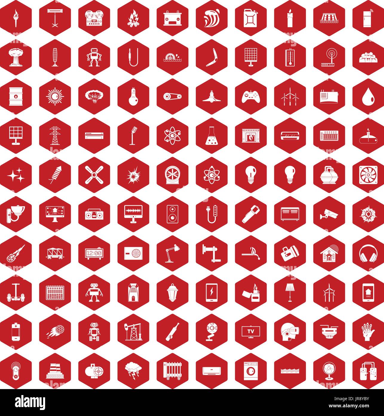 100 energy icons hexagon red Stock Vector