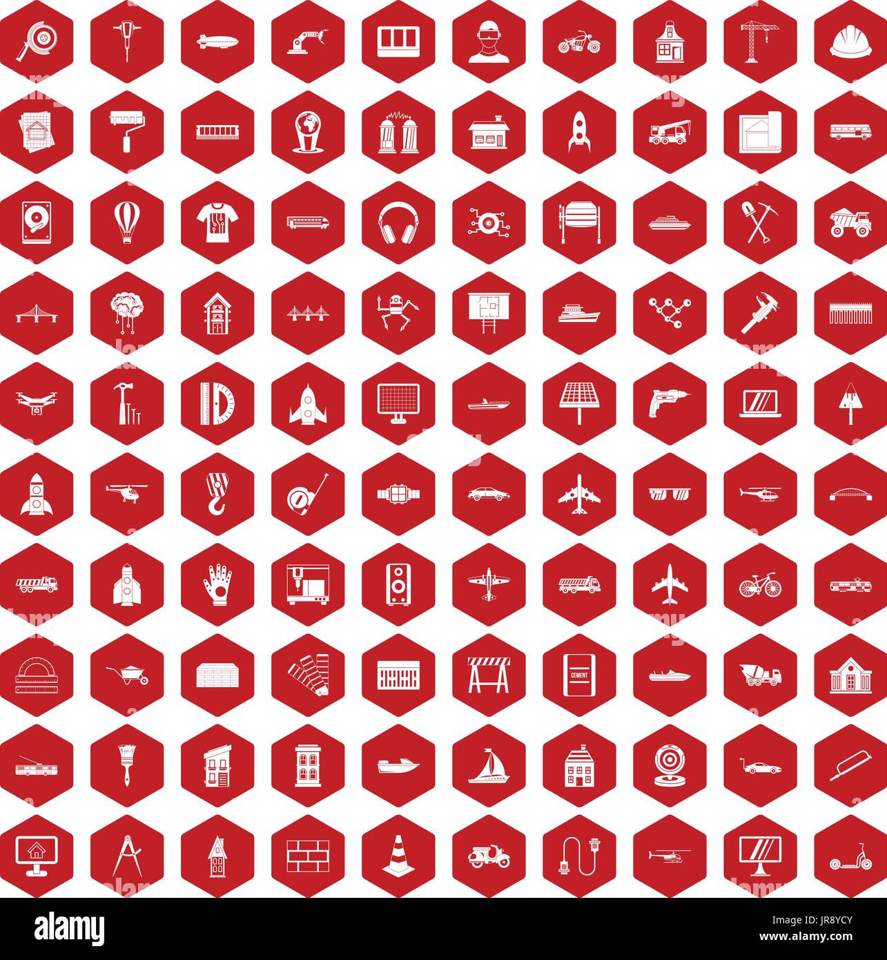 100 engineering icons hexagon red Stock Vector