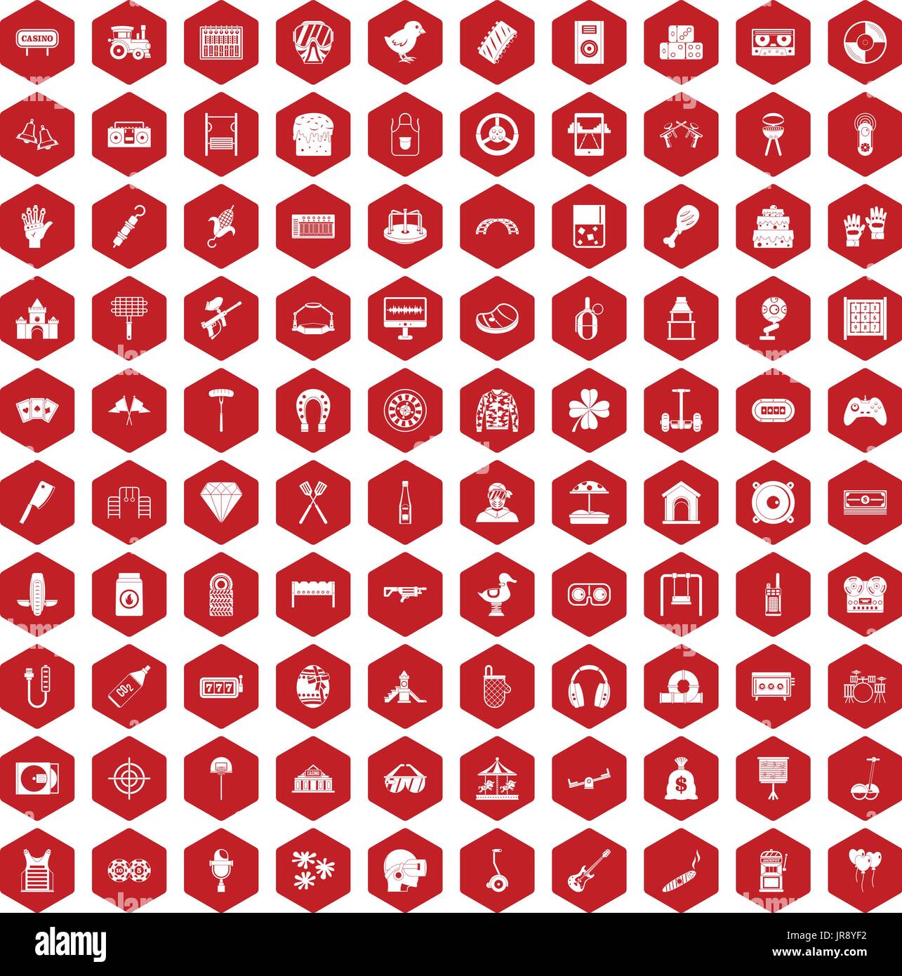 100 entertainment icons hexagon red Stock Vector