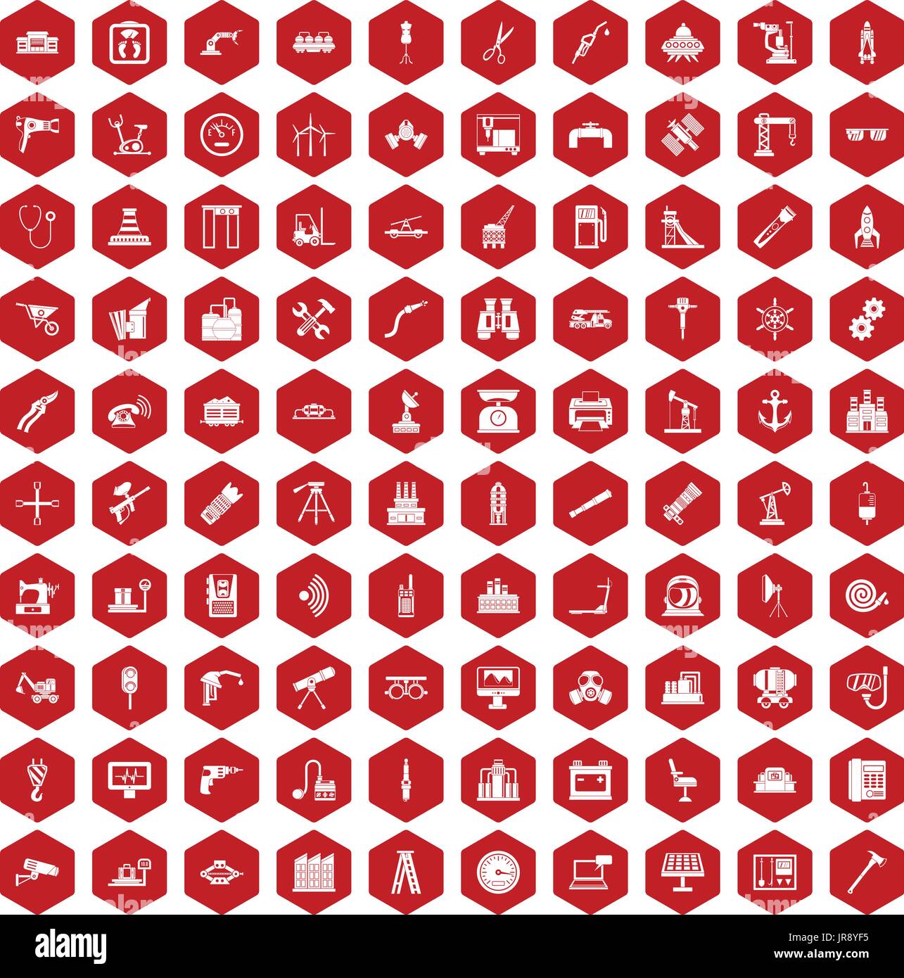 100 equipment icons hexagon red Stock Vector