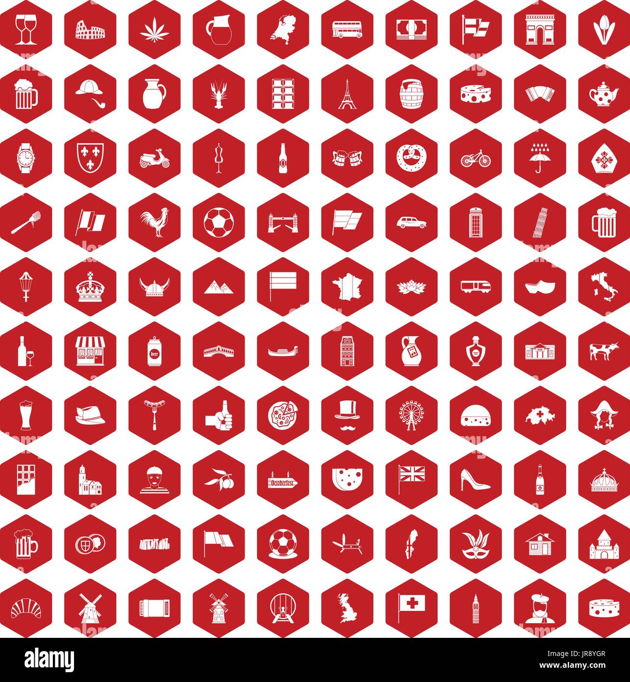 100 europe countries icons hexagon red Stock Vector