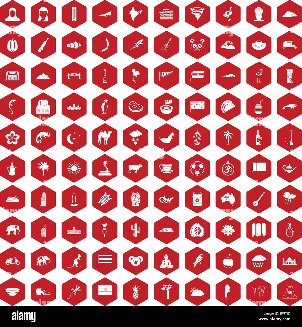 100 exotic animals icons hexagon red Stock Vector