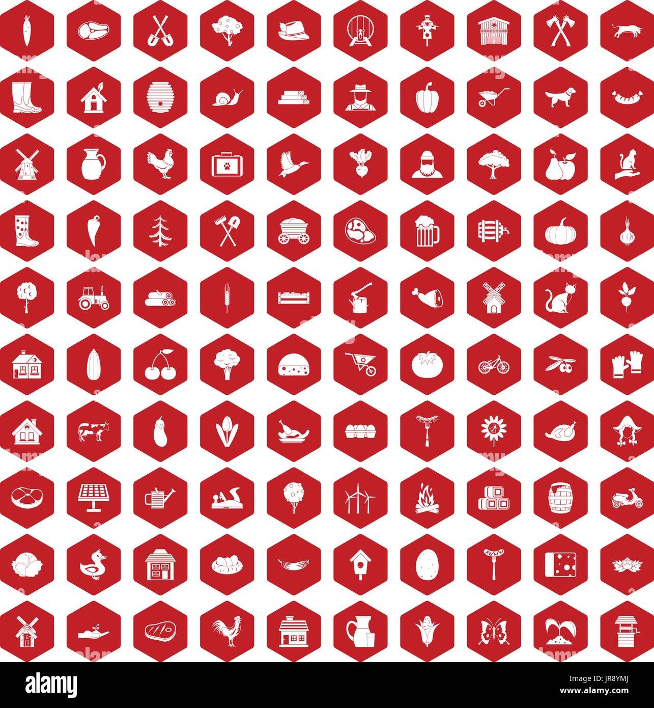 100 farm icons hexagon red Stock Vector