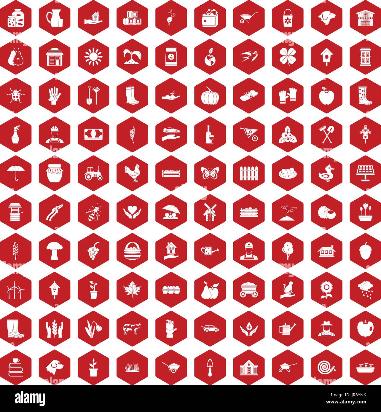 100 farm icons hexagon red Stock Vector