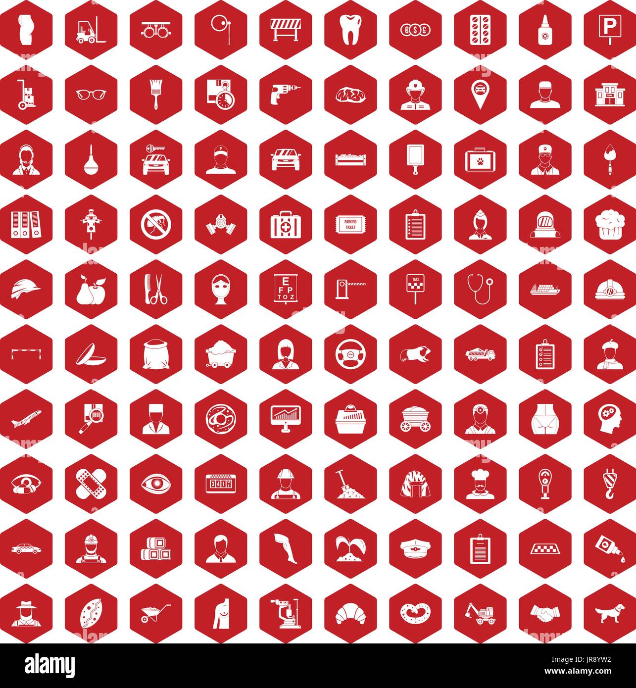 100 favorite work icons hexagon red Stock Vector