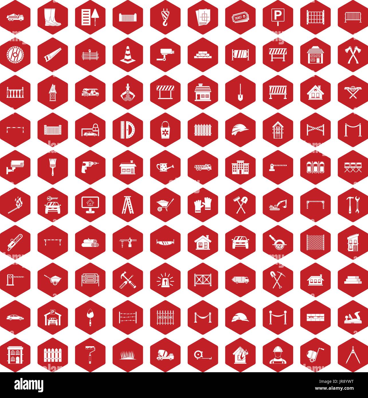 100 fence icons hexagon red Stock Vector