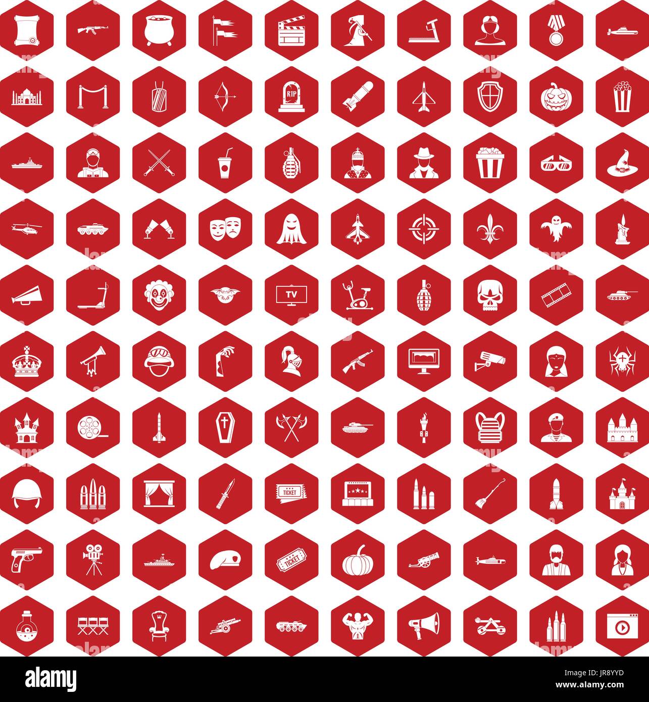 100 film icons hexagon red Stock Vector