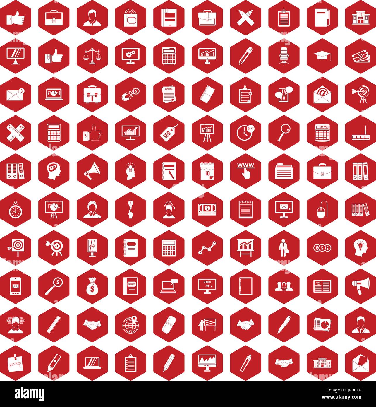 100 finance icons hexagon red Stock Vector