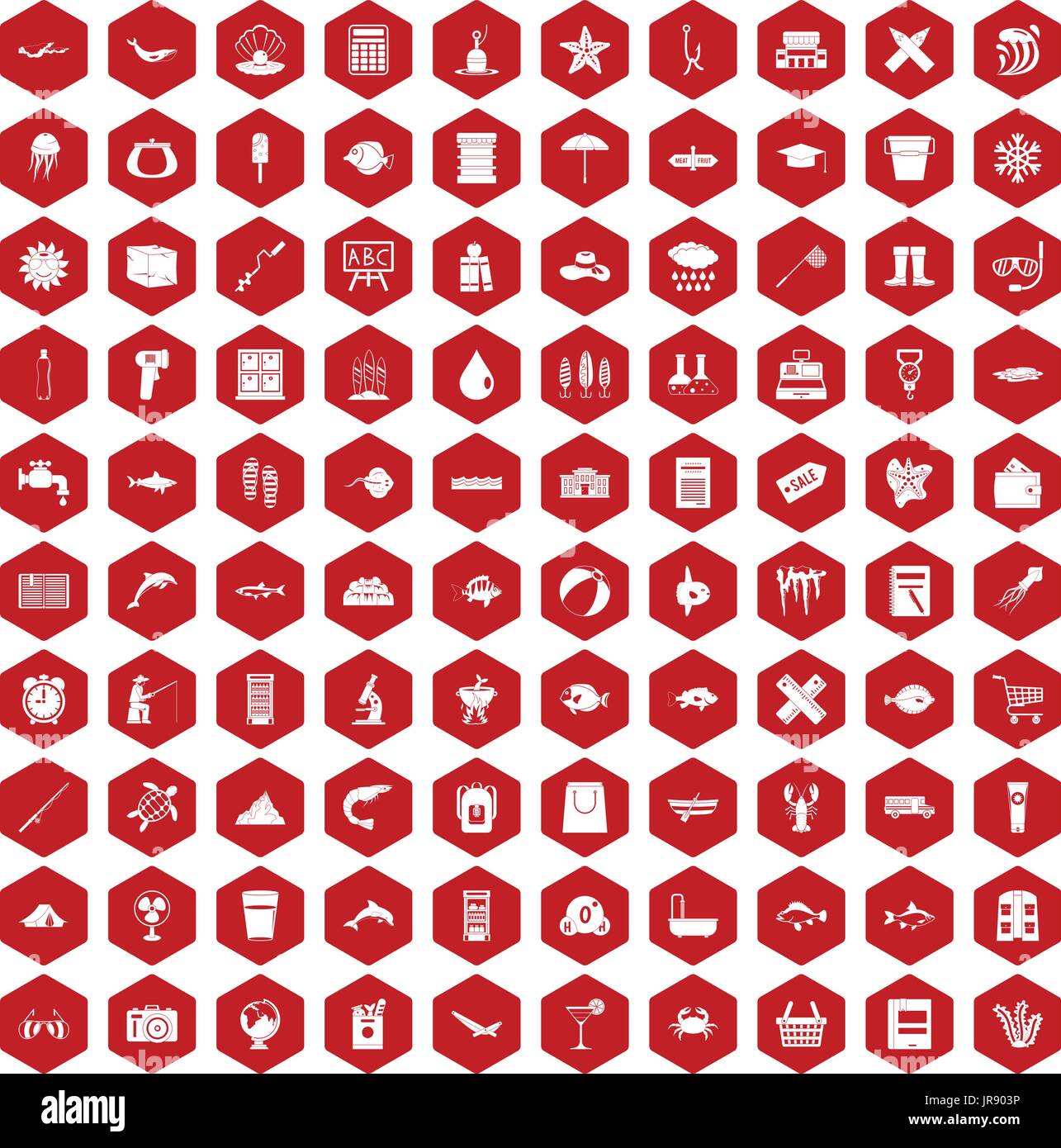 100 fish icons hexagon red Stock Vector