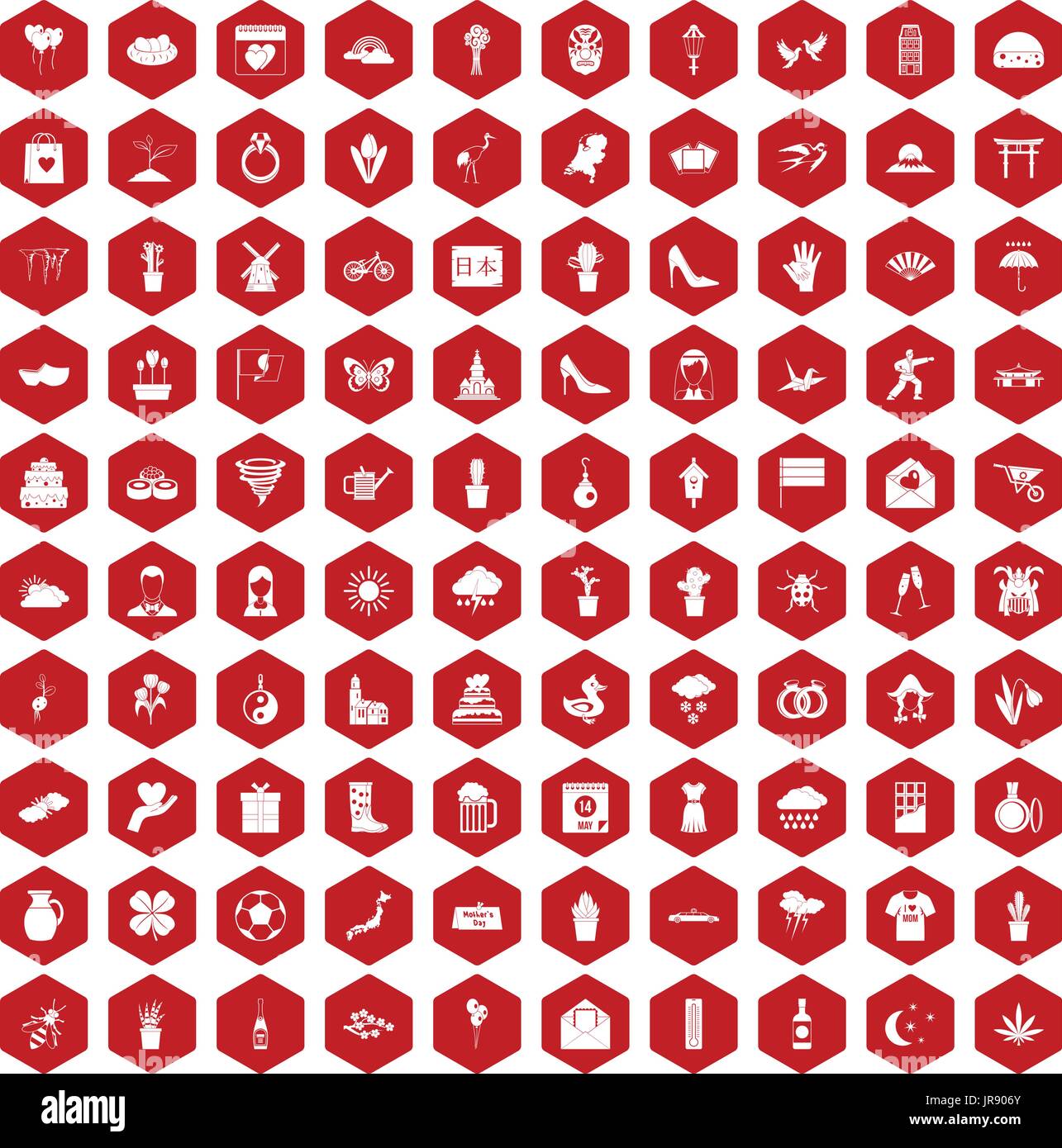 100 flowers icons hexagon red Stock Vector