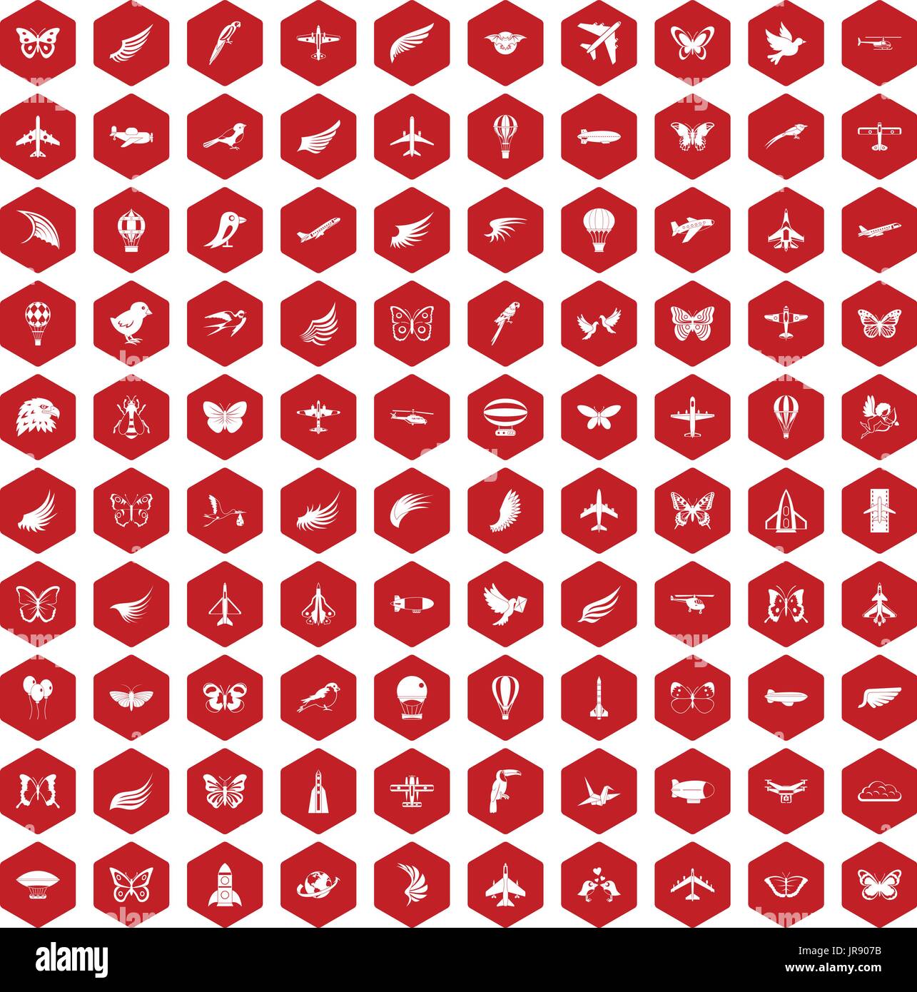 100 fly icons hexagon red Stock Vector