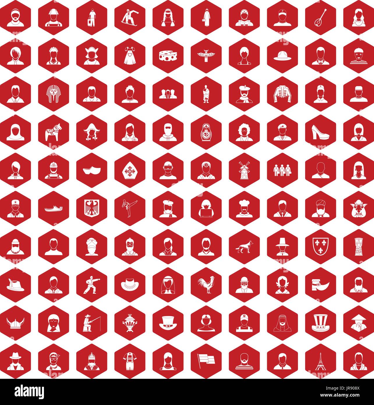 100 folk icons hexagon red Stock Vector