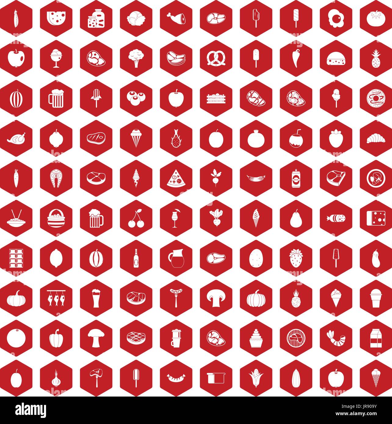 100 food icons hexagon red Stock Vector