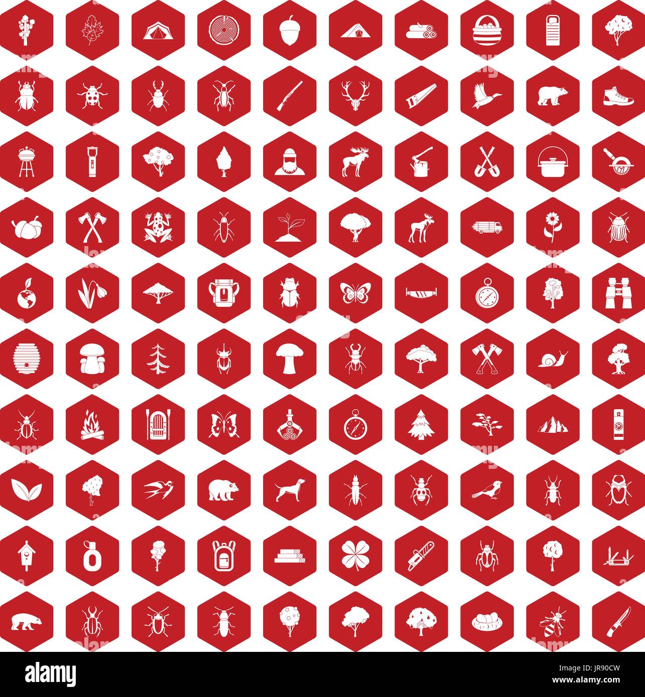 100 forest icons hexagon red Stock Vector