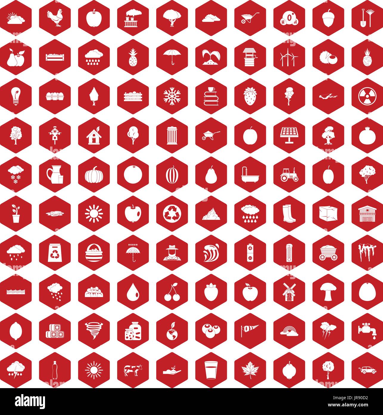 100 fruit icons hexagon red Stock Vector