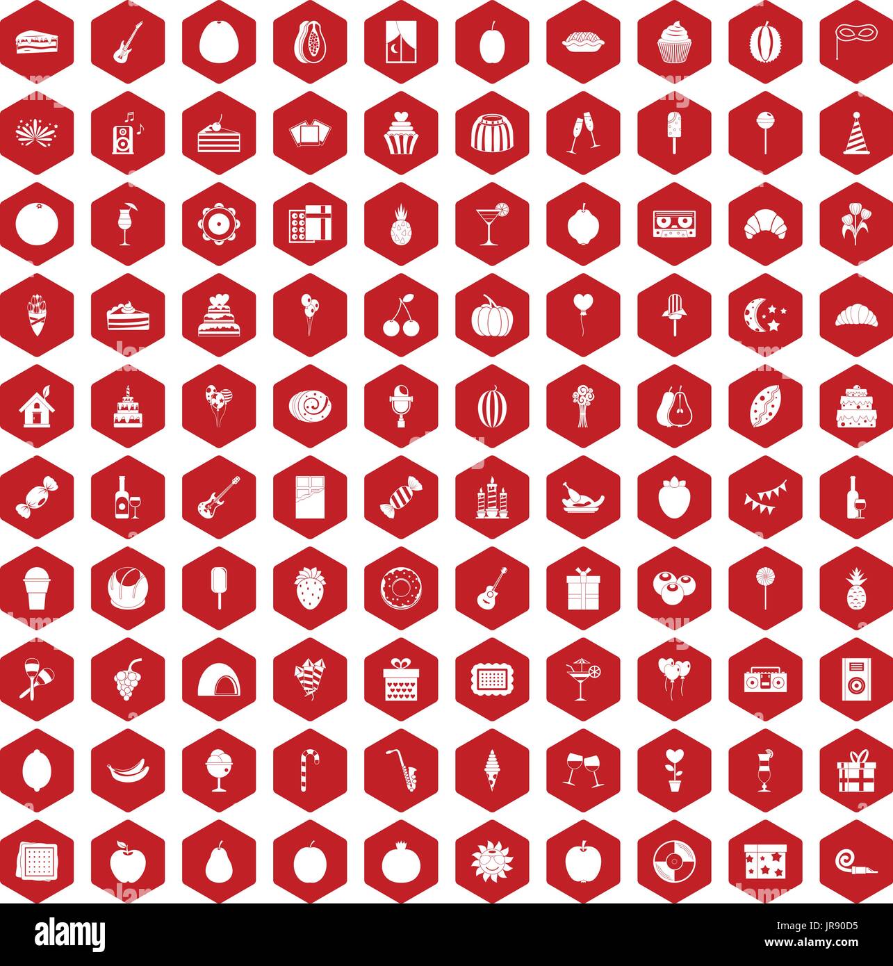 100 fruit party icons hexagon red Stock Vector