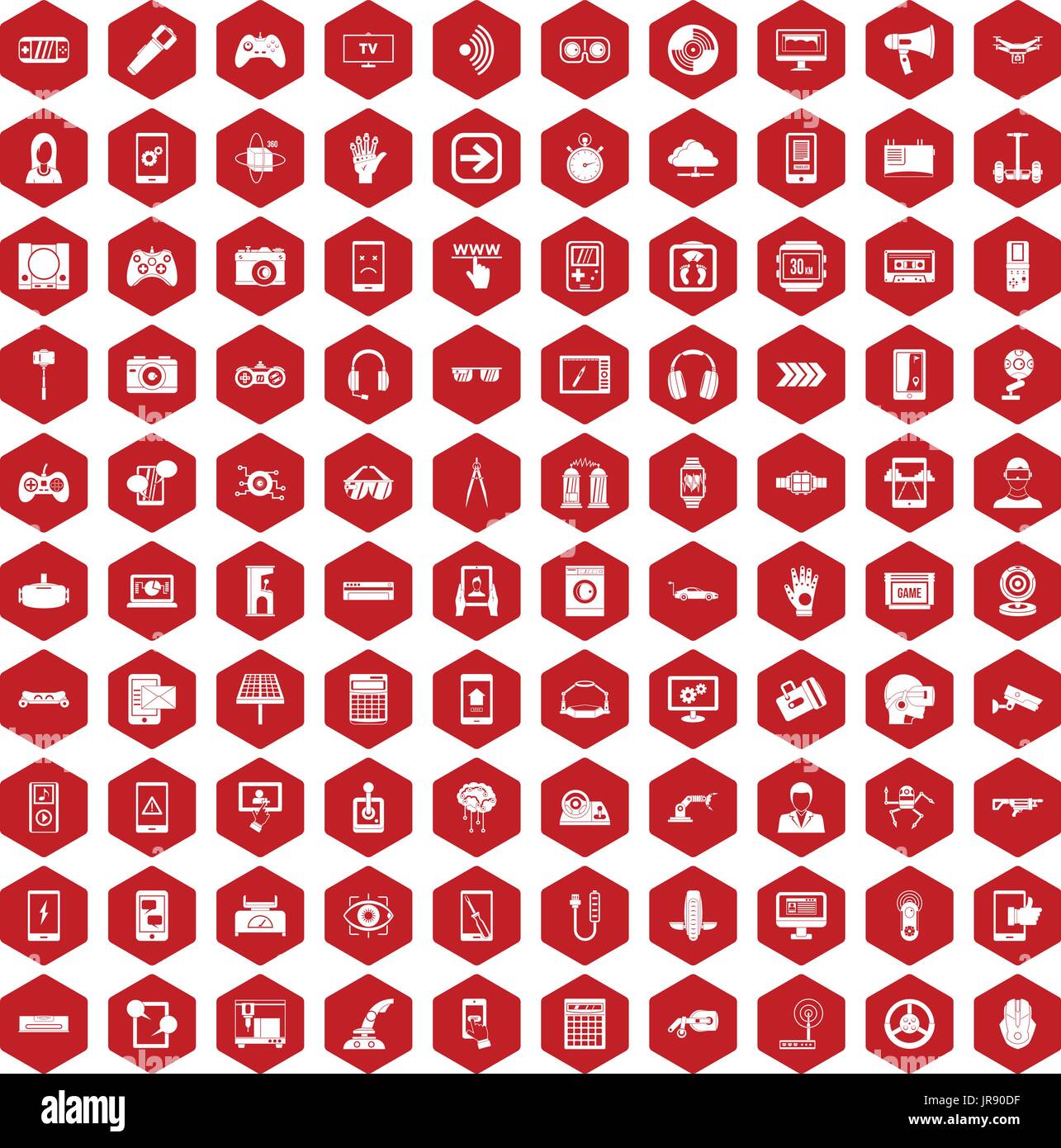 100 gadget icons hexagon red Stock Vector