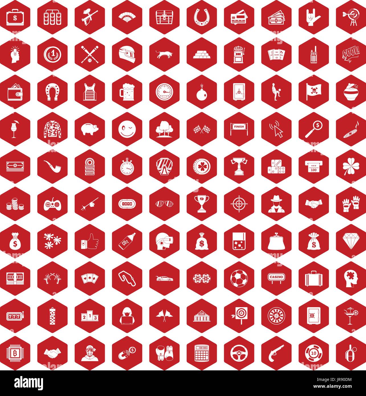 100 gambling icons hexagon red Stock Vector