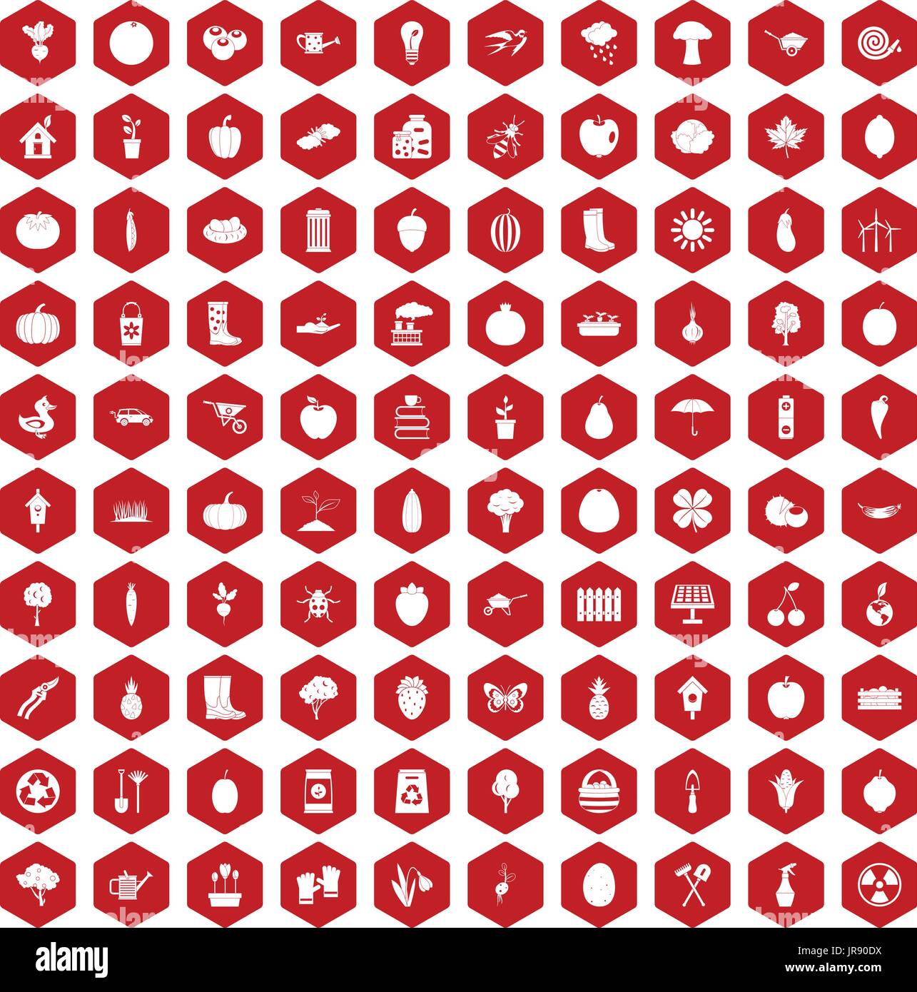 100 garden icons hexagon red Stock Vector