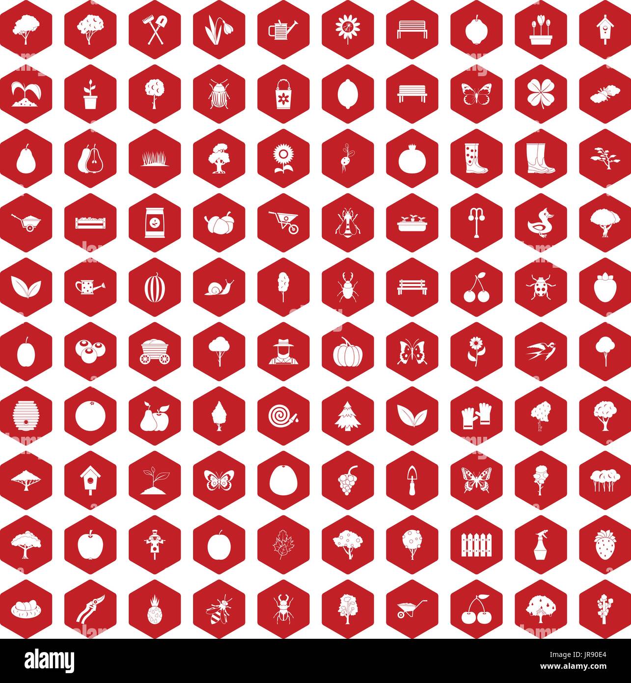 100 gardening icons hexagon red Stock Vector
