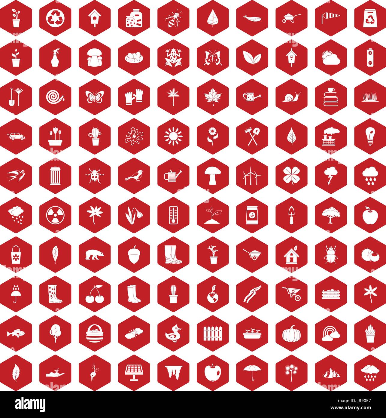 100 garden stuff icons hexagon red Stock Vector