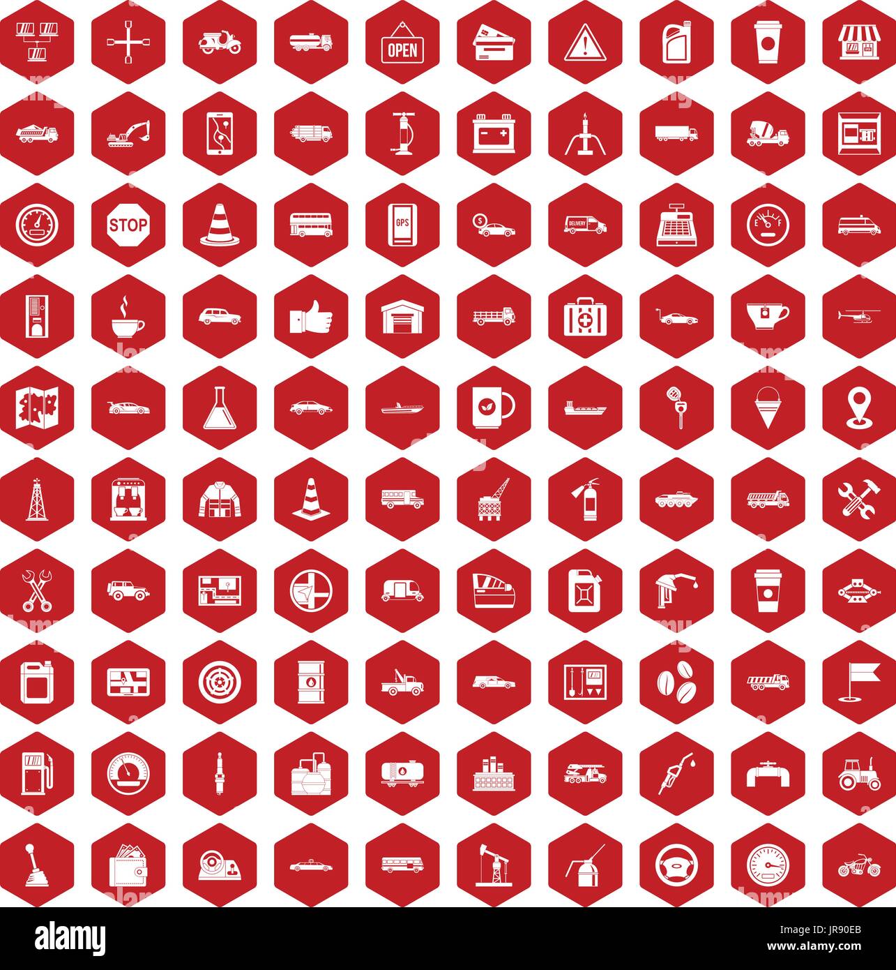 100 gas station icons hexagon red Stock Vector