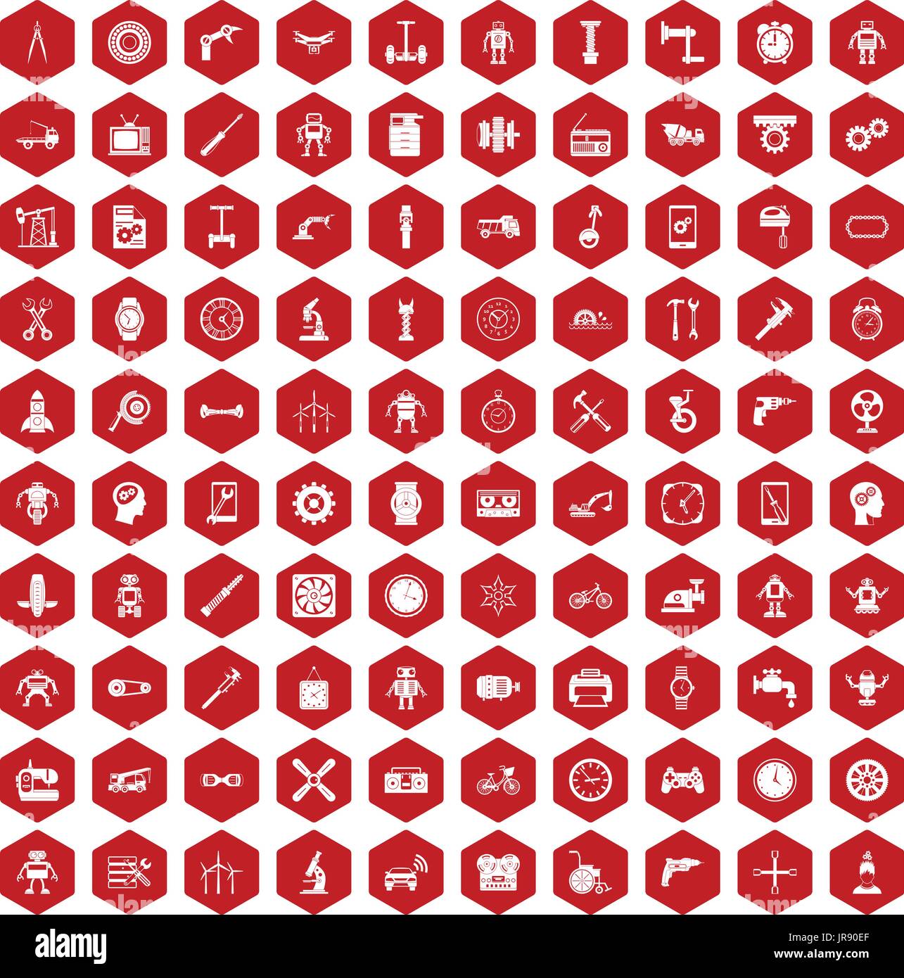 100 gear icons hexagon red Stock Vector