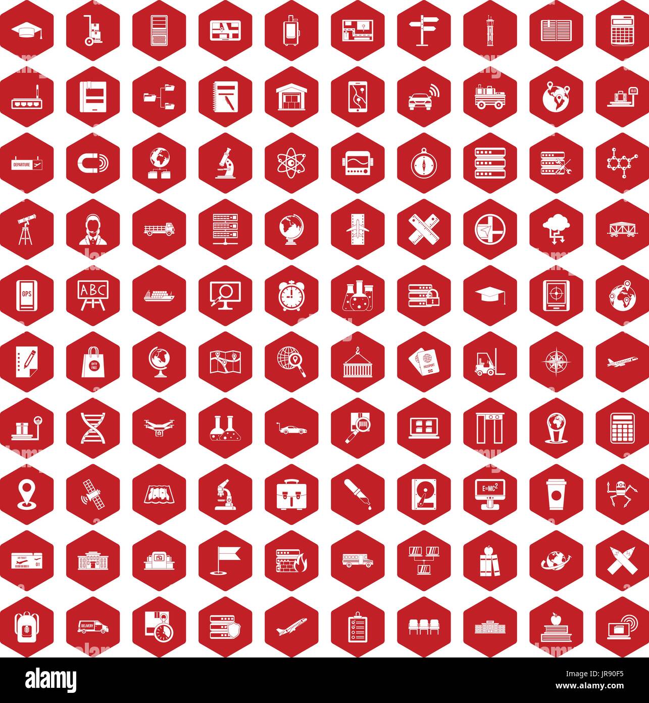 100 globe icons hexagon red Stock Vector