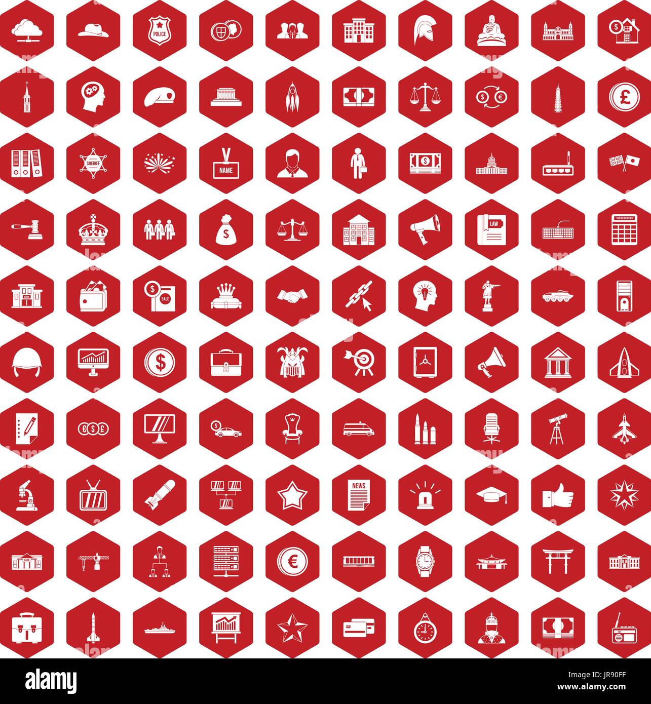 100 government icons hexagon red Stock Vector