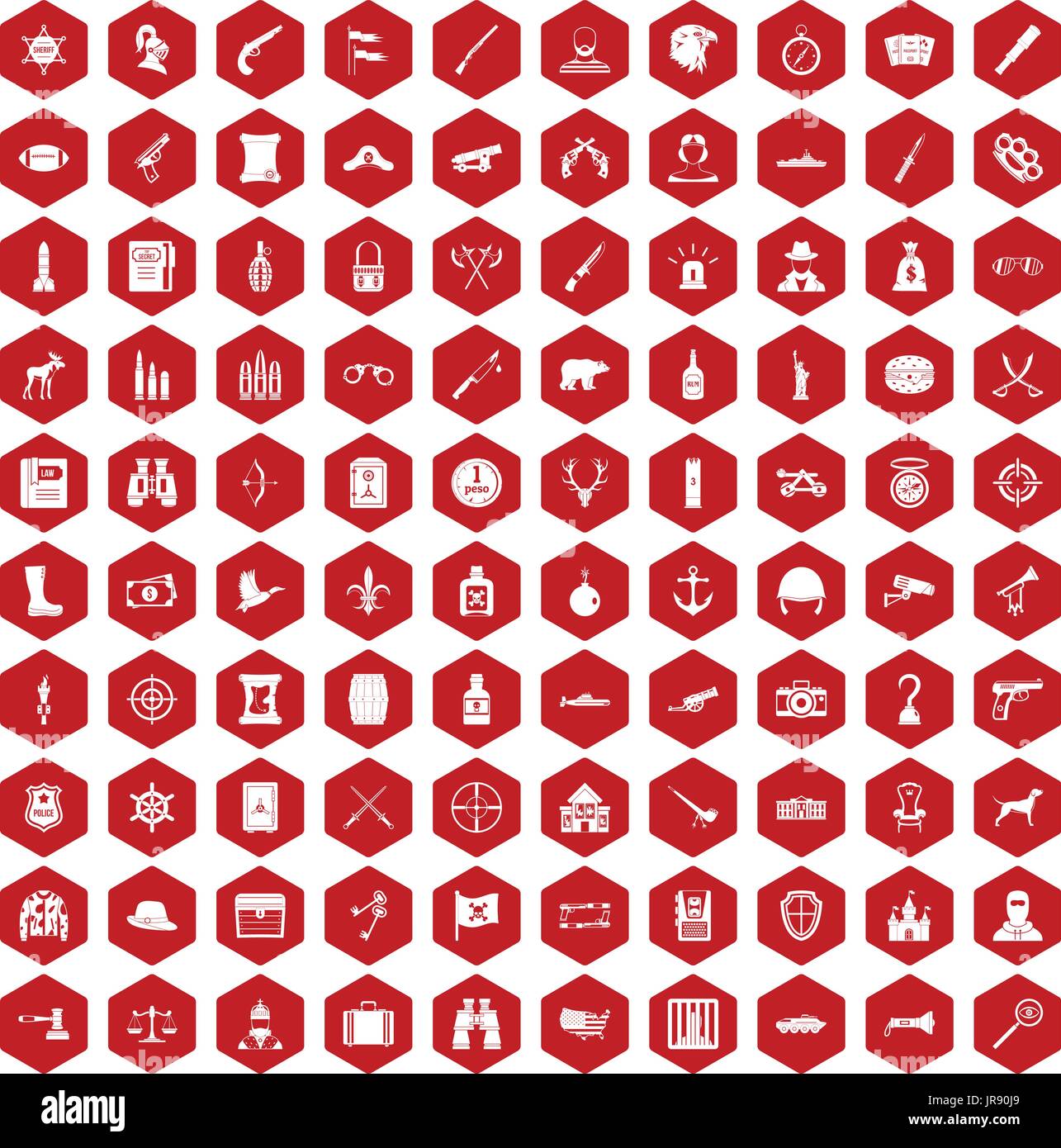100 guns icons hexagon red Stock Vector