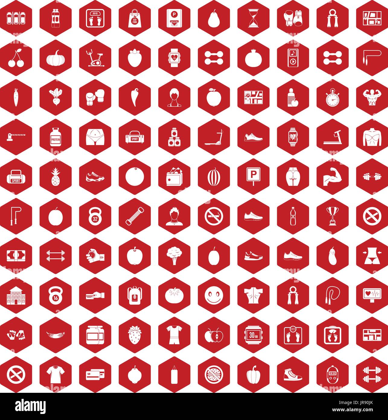 100 gym icons hexagon red Stock Vector