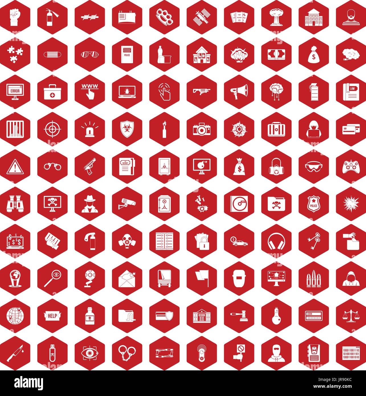 100 hacking icons hexagon red Stock Vector