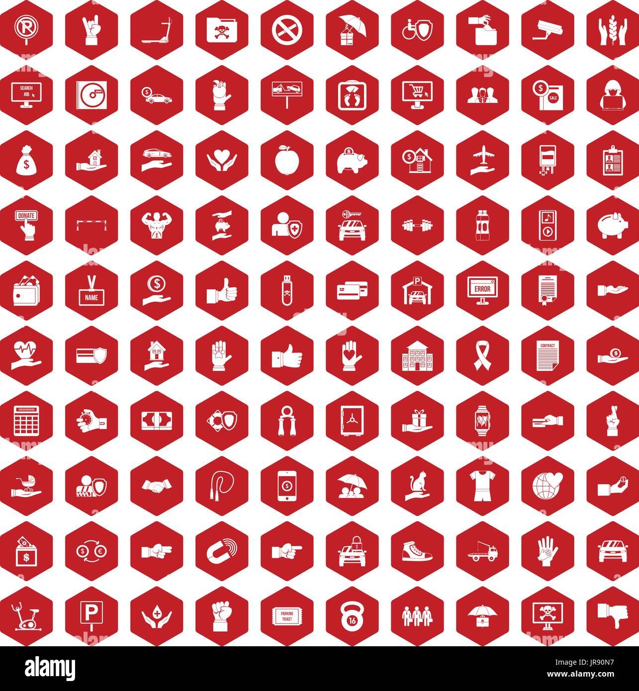 100 hand icons hexagon red Stock Vector