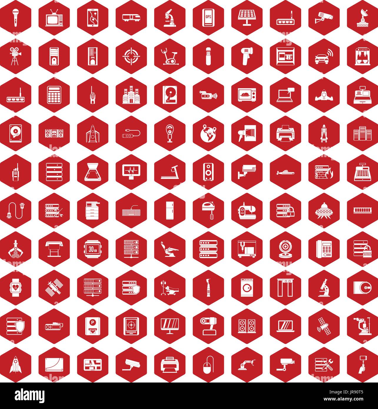 100 hardware icons hexagon red Stock Vector