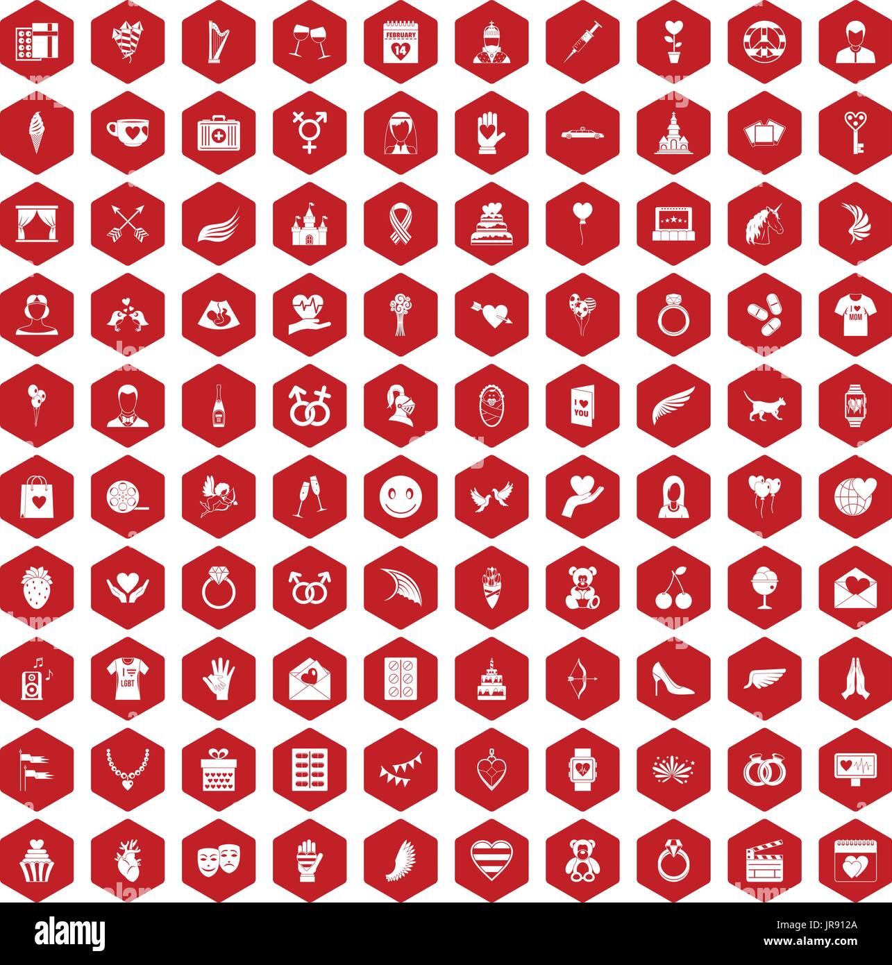 100 heart icons hexagon red Stock Vector