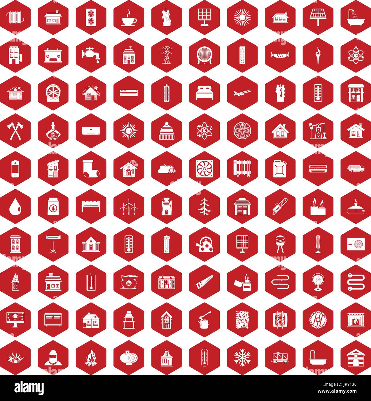 100 heating icons hexagon red Stock Vector
