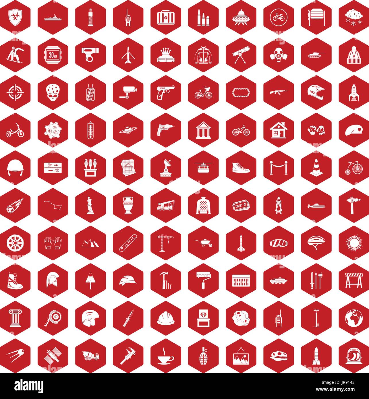 100 helmet icons hexagon red Stock Vector
