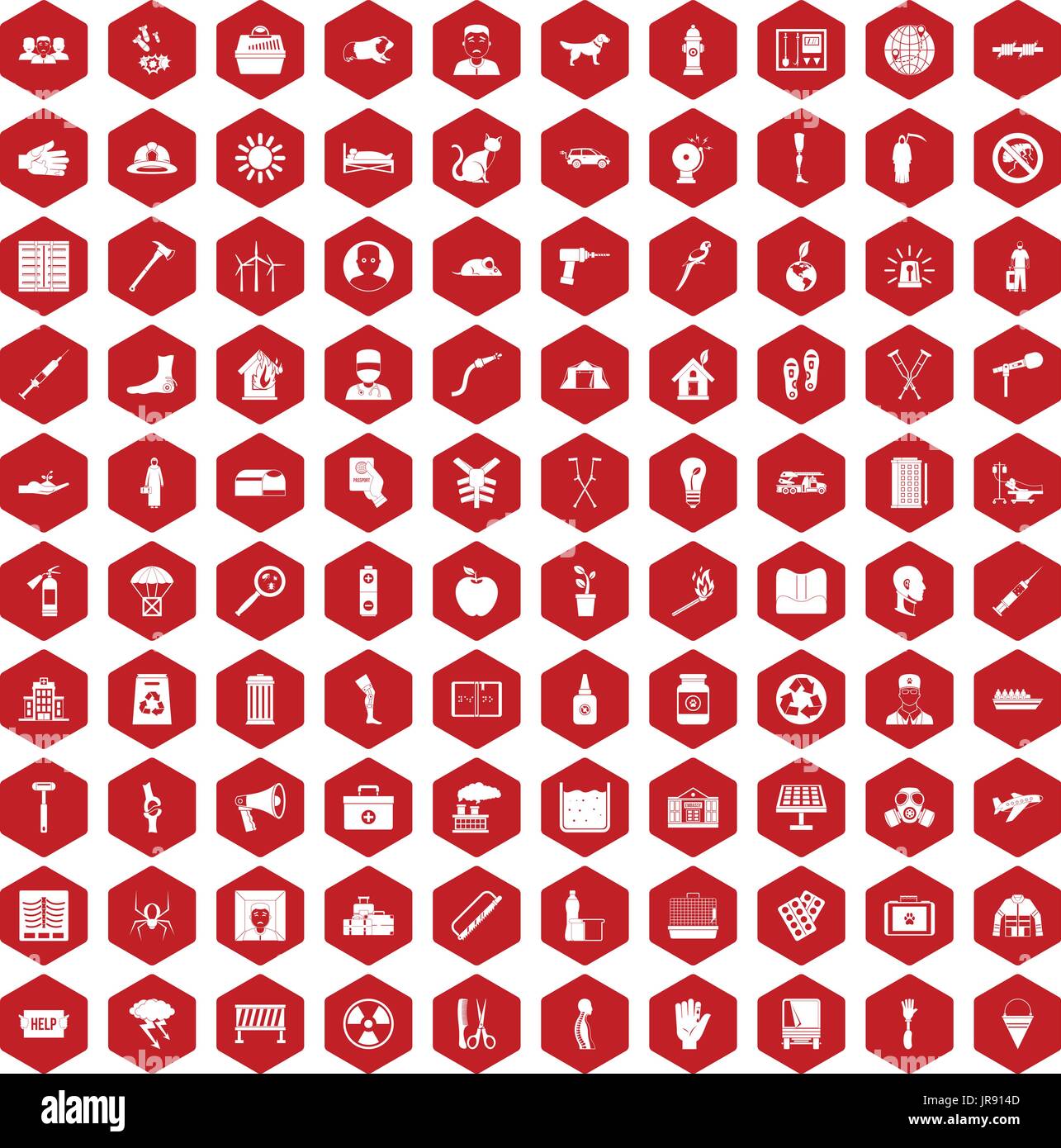 100 help icons hexagon red Stock Vector