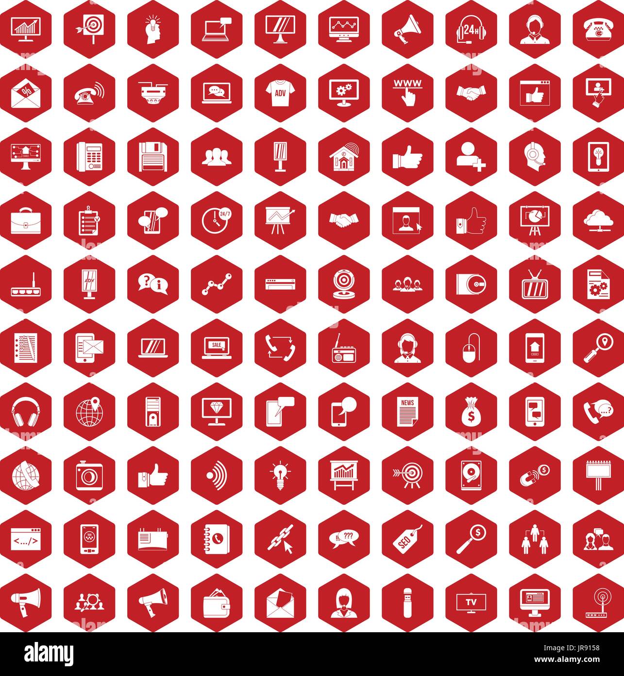 100 help desk icons hexagon red Stock Vector
