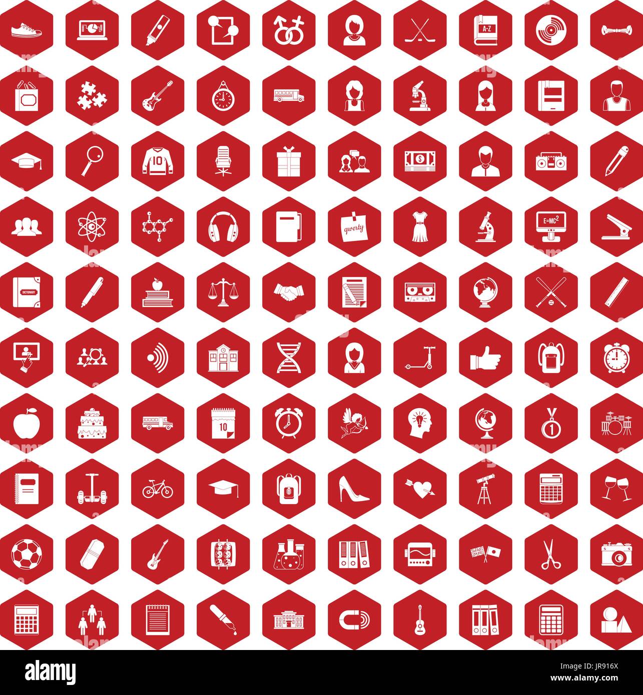 100 hi-school icons hexagon red Stock Vector