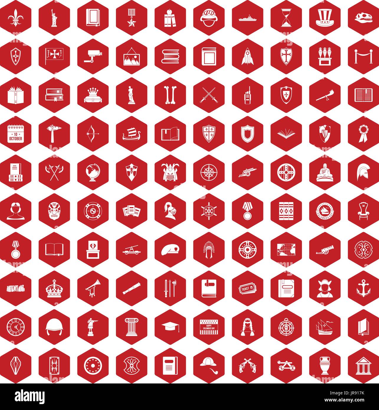 100 history icons hexagon red Stock Vector