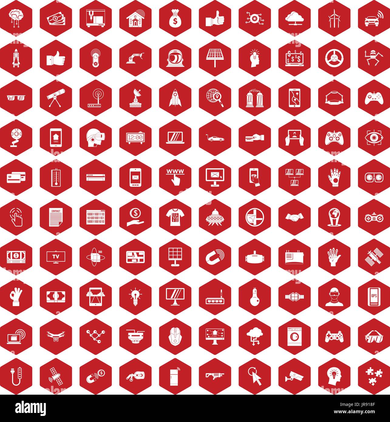 100 hi-tech icons hexagon red Stock Vector