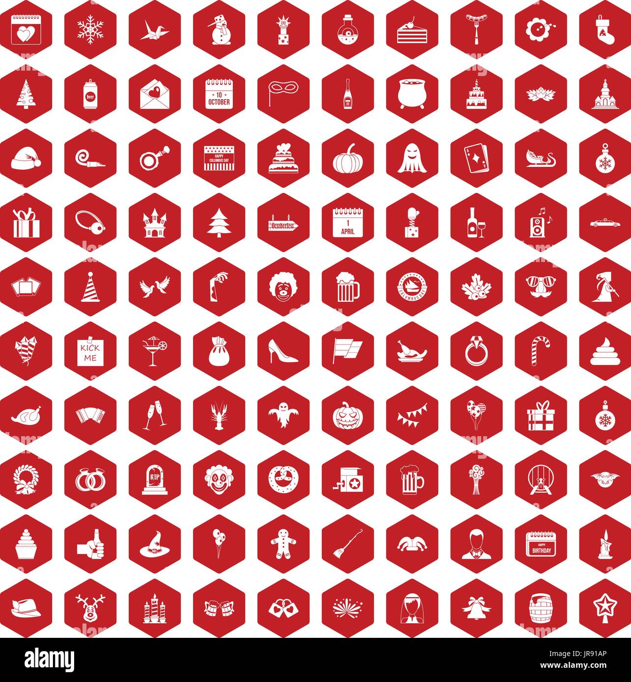 100 holidays icons hexagon red Stock Vector
