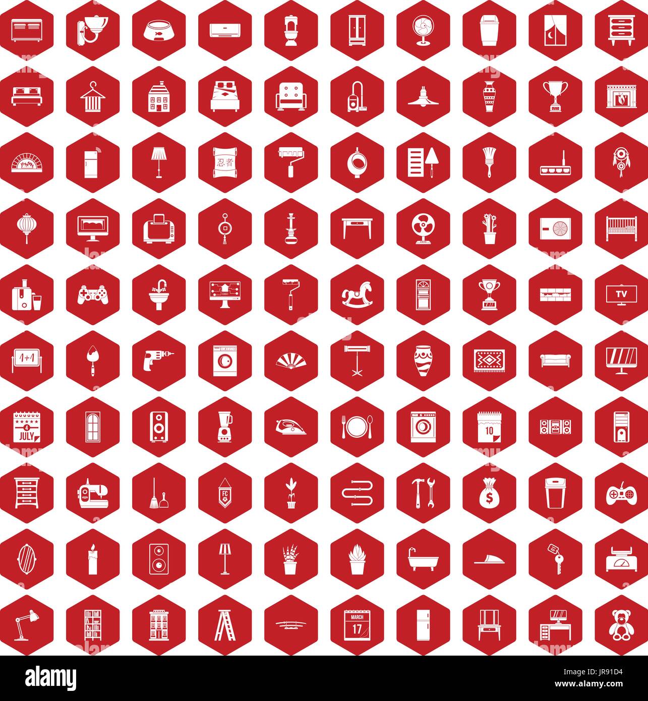 100 home icons hexagon red Stock Vector