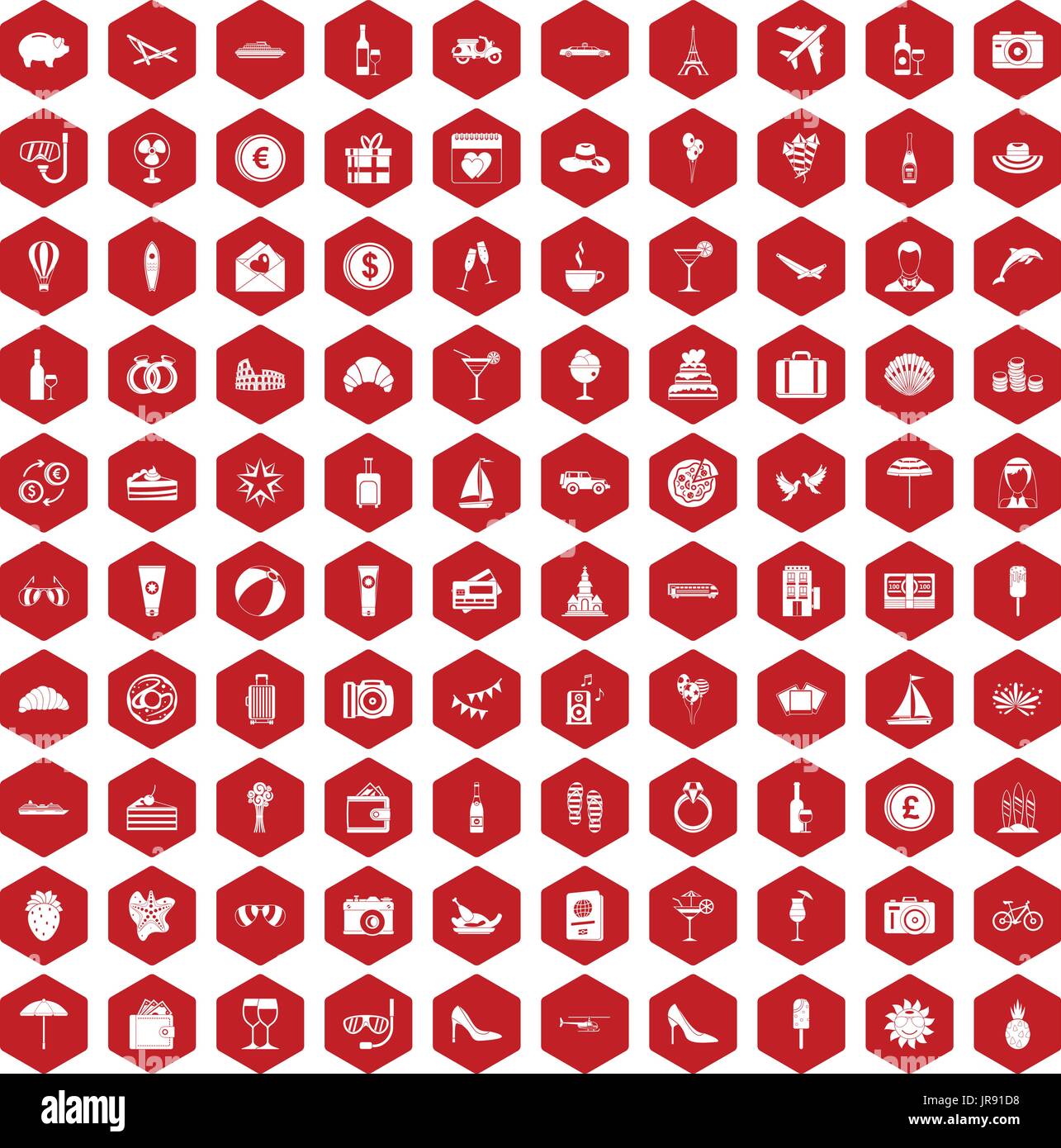 100 honeymoon icons hexagon red Stock Vector