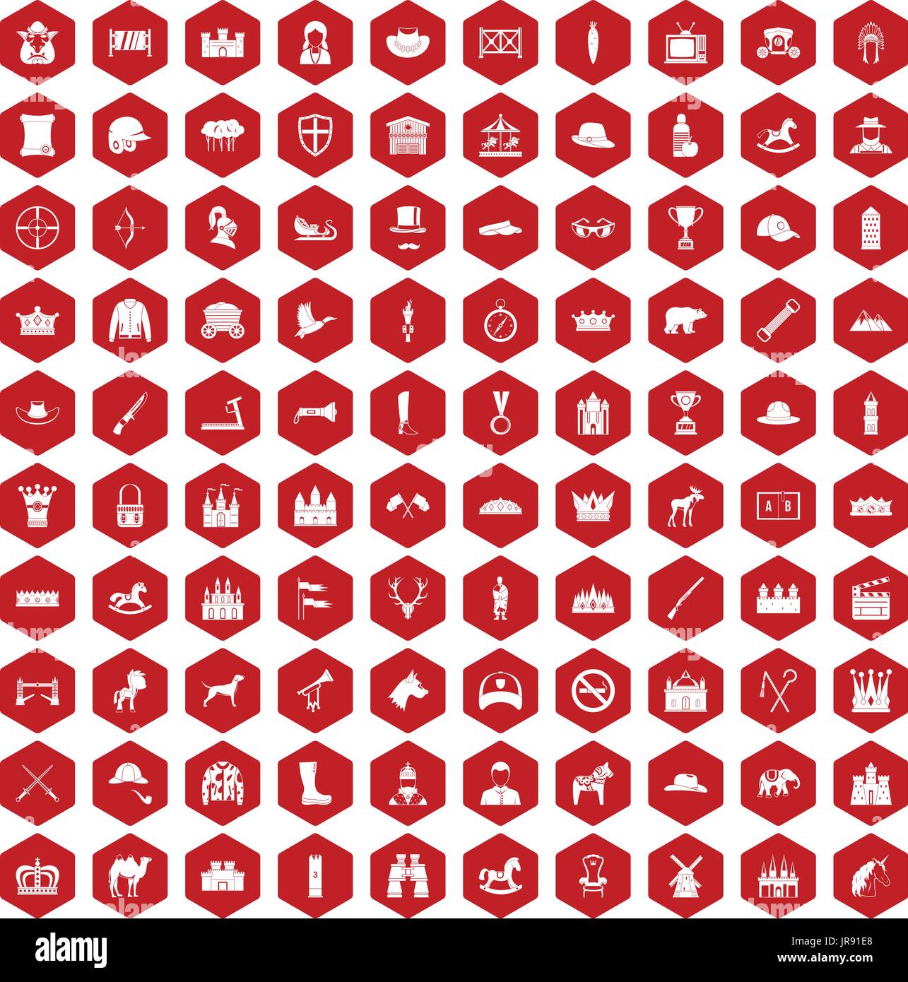 100 horsemanship icons hexagon red Stock Vector