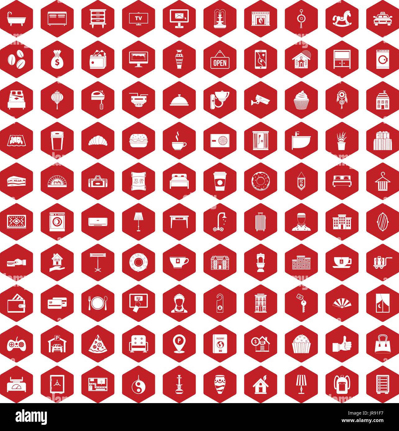 100 hotel icons hexagon red Stock Vector