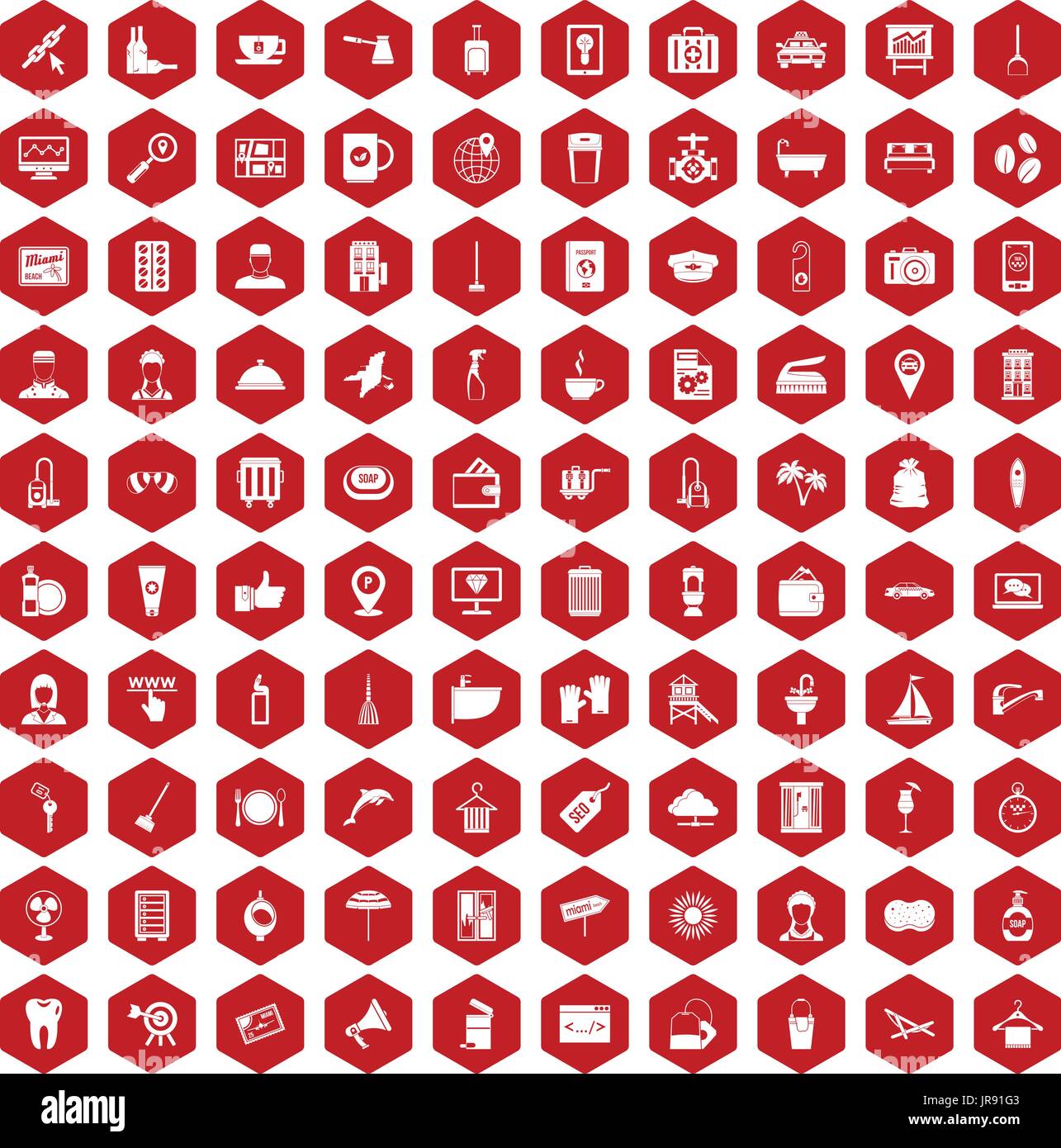 100 hotel services icons hexagon red Stock Vector