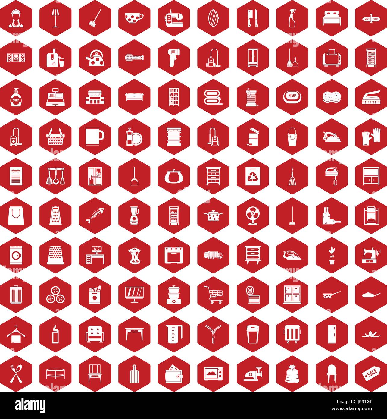 100 housework icons hexagon red Stock Vector
