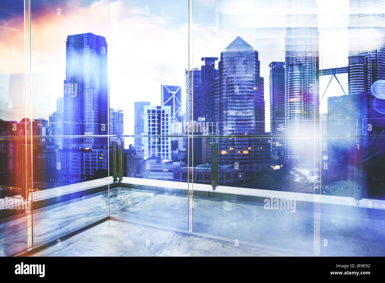 View of urban cityscape from empty business office with glass partition . Stock Photo